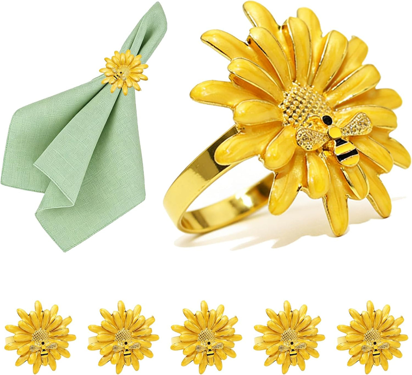 Sunflower Napkin Rings Set of 6 Yellow Daisy Napkin Ring Holder for Spring Party Wedding Holiday Gatherings Dining Decor,Bee Flower Napkin Buckles for Rustic Farmhouse Daliy Table Setting