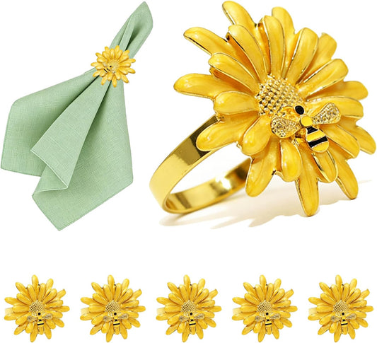 Sunflower Napkin Rings Set of 6 Yellow Daisy Napkin Ring Holder for Spring Party Wedding Holiday Gatherings Dining Decor,Bee Flower Napkin Buckles for Rustic Farmhouse Daliy Table Setting