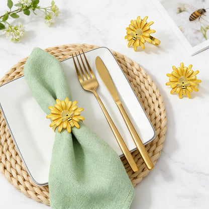Sunflower Napkin Rings Set of 6 Yellow Daisy Napkin Ring Holder for Spring Party Wedding Holiday Gatherings Dining Decor,Bee Flower Napkin Buckles for Rustic Farmhouse Daliy Table Setting