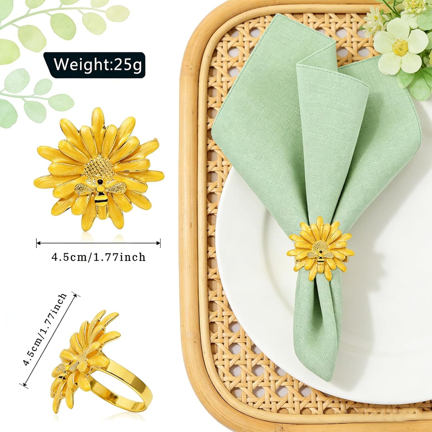 Sunflower Napkin Rings Set of 6 Yellow Daisy Napkin Ring Holder for Spring Party Wedding Holiday Gatherings Dining Decor,Bee Flower Napkin Buckles for Rustic Farmhouse Daliy Table Setting