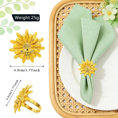 Sunflower Napkin Rings Set of 6 Yellow Daisy Napkin Ring Holder for Spring Party Wedding Holiday Gatherings Dining Decor,Bee Flower Napkin Buckles for Rustic Farmhouse Daliy Table Setting