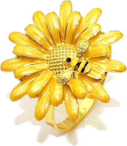 Sunflower Napkin Rings Set of 6 Yellow Daisy Napkin Ring Holder for Spring Party Wedding Holiday Gatherings Dining Decor,Bee Flower Napkin Buckles for Rustic Farmhouse Daliy Table Setting