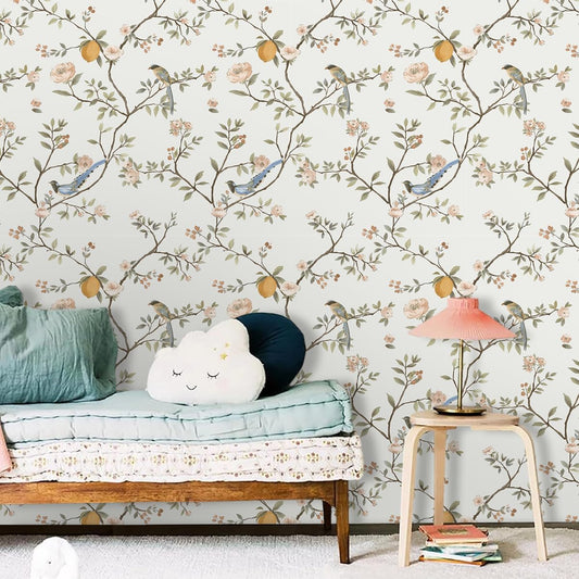 Vintage Lemon Wallpaper Peel and Stick Botanical and Birds 17.32"X118.11" Self Adhesive Contact Paper Removable Waterproof Retro Floral Wall Paper for Room Walls Shelves Cabinet Table Drawer Decor