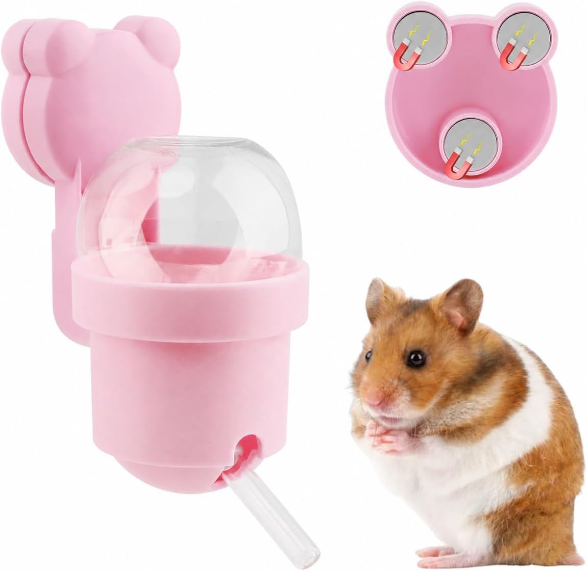 Magnetic Hamster Water Bottle, 3.7 oz Glass Small Pet Water Dispenser with Quiet Vacuum Nozzle, Drop-Resistant Holder for Cage or Glass Tank, for Hamsters, Gerbils and Mice(Pink)