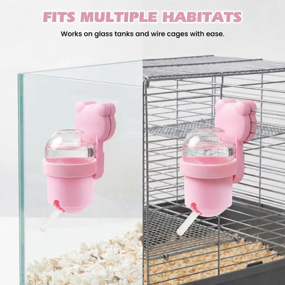 Magnetic Hamster Water Bottle, 3.7 oz Glass Small Pet Water Dispenser with Quiet Vacuum Nozzle, Drop-Resistant Holder for Cage or Glass Tank, for Hamsters, Gerbils and Mice(Pink)