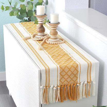 Small Coffee Table Runner with Fringe 14 x 48 Inches, Mustard Yellow & Cream White / Woven Dresser Scarf / Farmhouse Coffee Table Topper Centerpiece Washable
