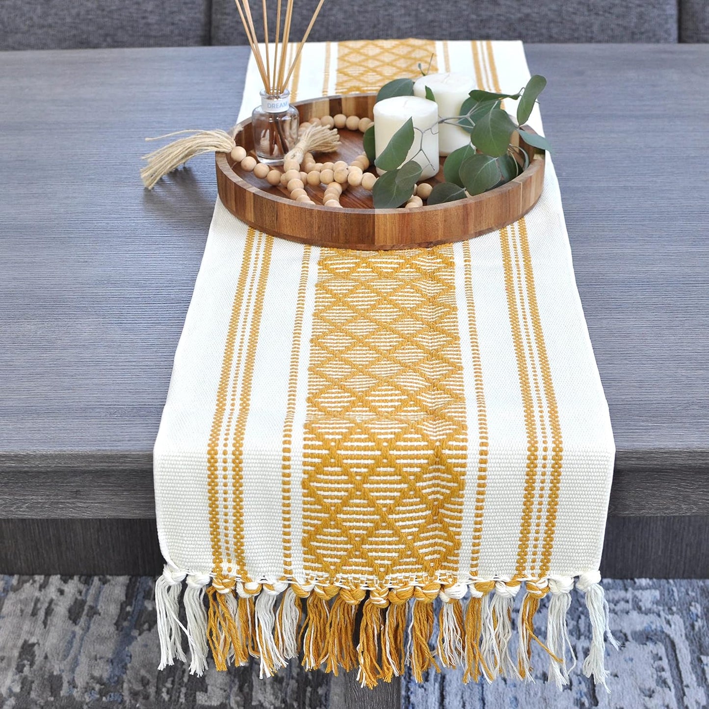 Small Coffee Table Runner with Fringe 14 x 48 Inches, Mustard Yellow & Cream White / Woven Dresser Scarf / Farmhouse Coffee Table Topper Centerpiece Washable