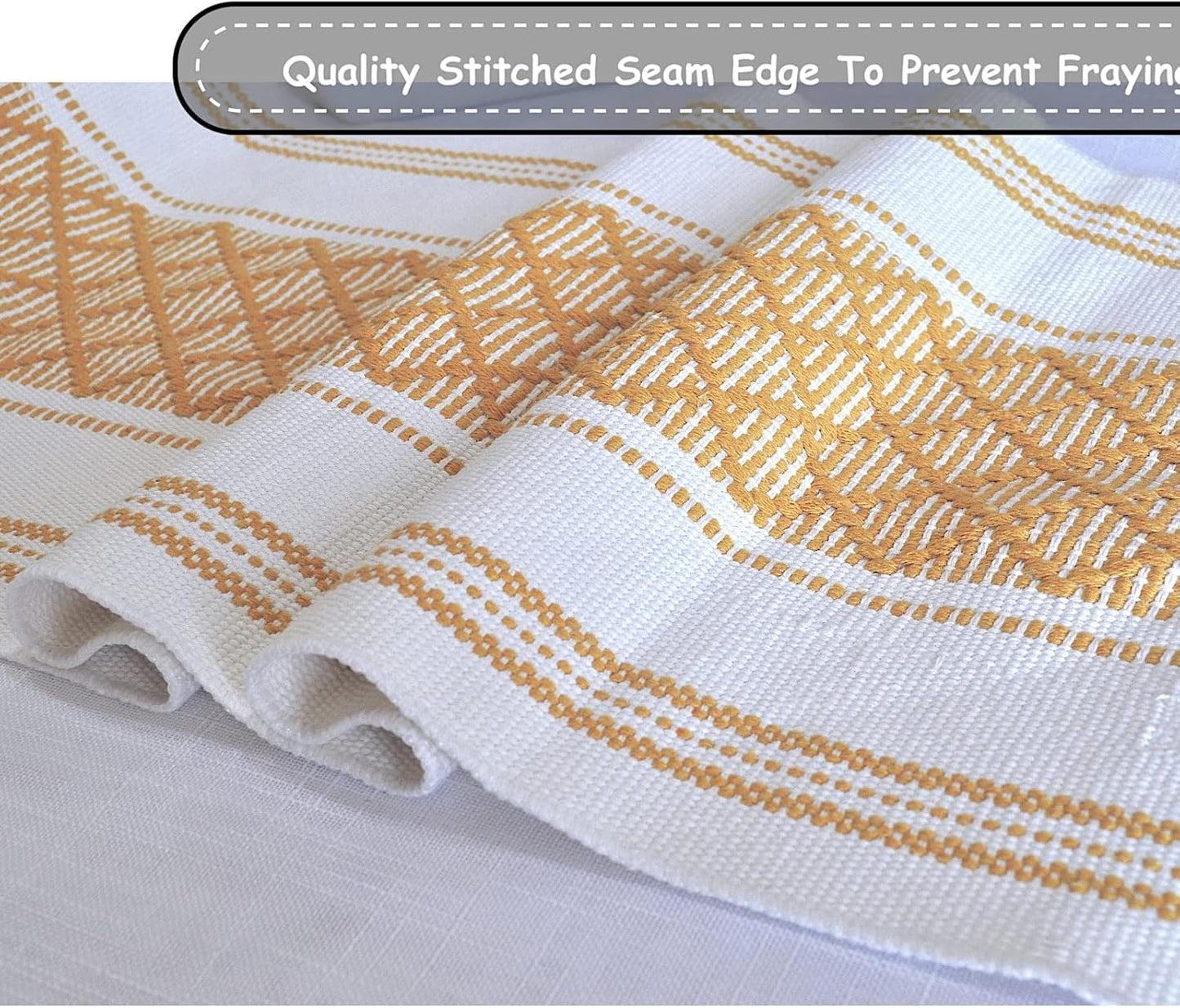 Small Coffee Table Runner with Fringe 14 x 48 Inches, Mustard Yellow & Cream White / Woven Dresser Scarf / Farmhouse Coffee Table Topper Centerpiece Washable