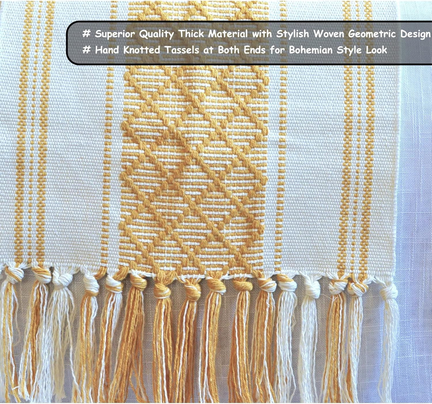 Small Coffee Table Runner with Fringe 14 x 48 Inches, Mustard Yellow & Cream White / Woven Dresser Scarf / Farmhouse Coffee Table Topper Centerpiece Washable