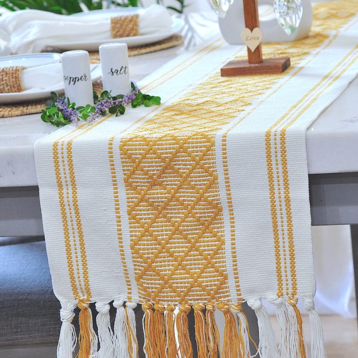 Small Coffee Table Runner with Fringe 14 x 48 Inches, Mustard Yellow & Cream White / Woven Dresser Scarf / Farmhouse Coffee Table Topper Centerpiece Washable