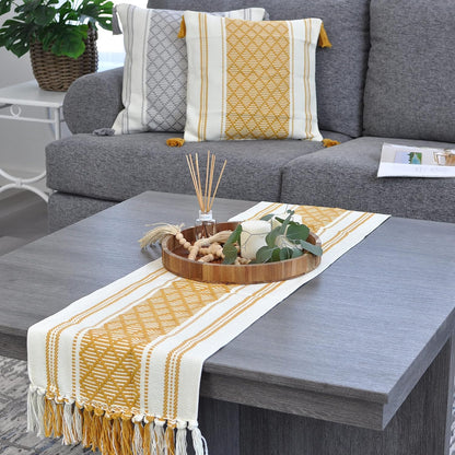 Small Coffee Table Runner with Fringe 14 x 48 Inches, Mustard Yellow & Cream White / Woven Dresser Scarf / Farmhouse Coffee Table Topper Centerpiece Washable