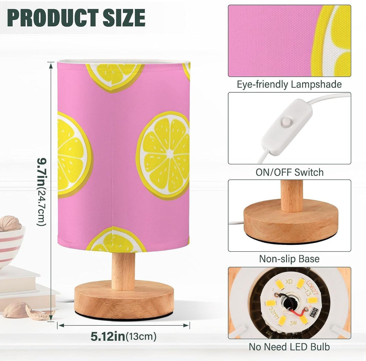 Bedside Table Lamp, Pink Yellow Lemon Slices Nightstand Lamp for Bedroom with USB Port, LED Desk Lamps for Living Room Dorm Reading