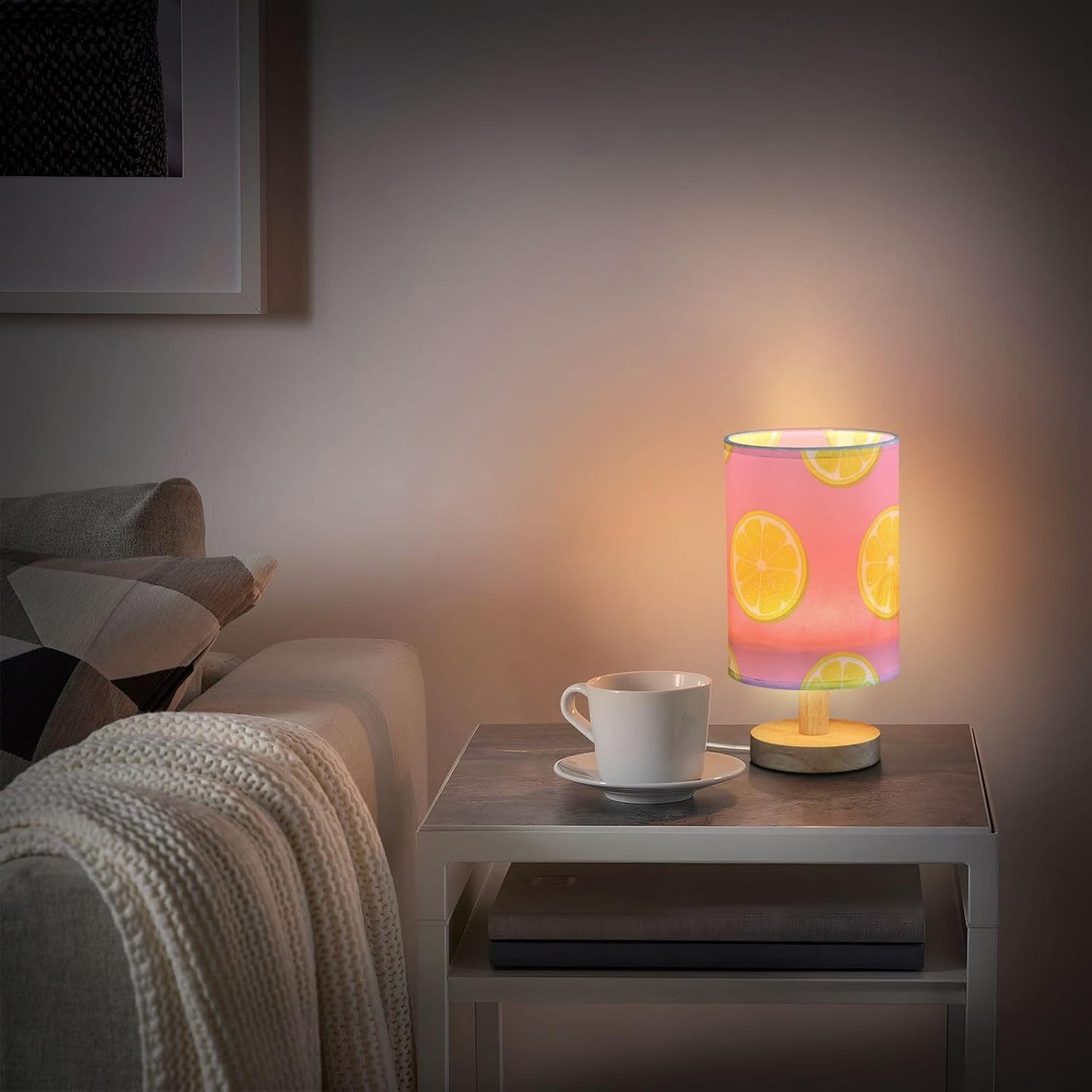 Bedside Table Lamp, Pink Yellow Lemon Slices Nightstand Lamp for Bedroom with USB Port, LED Desk Lamps for Living Room Dorm Reading