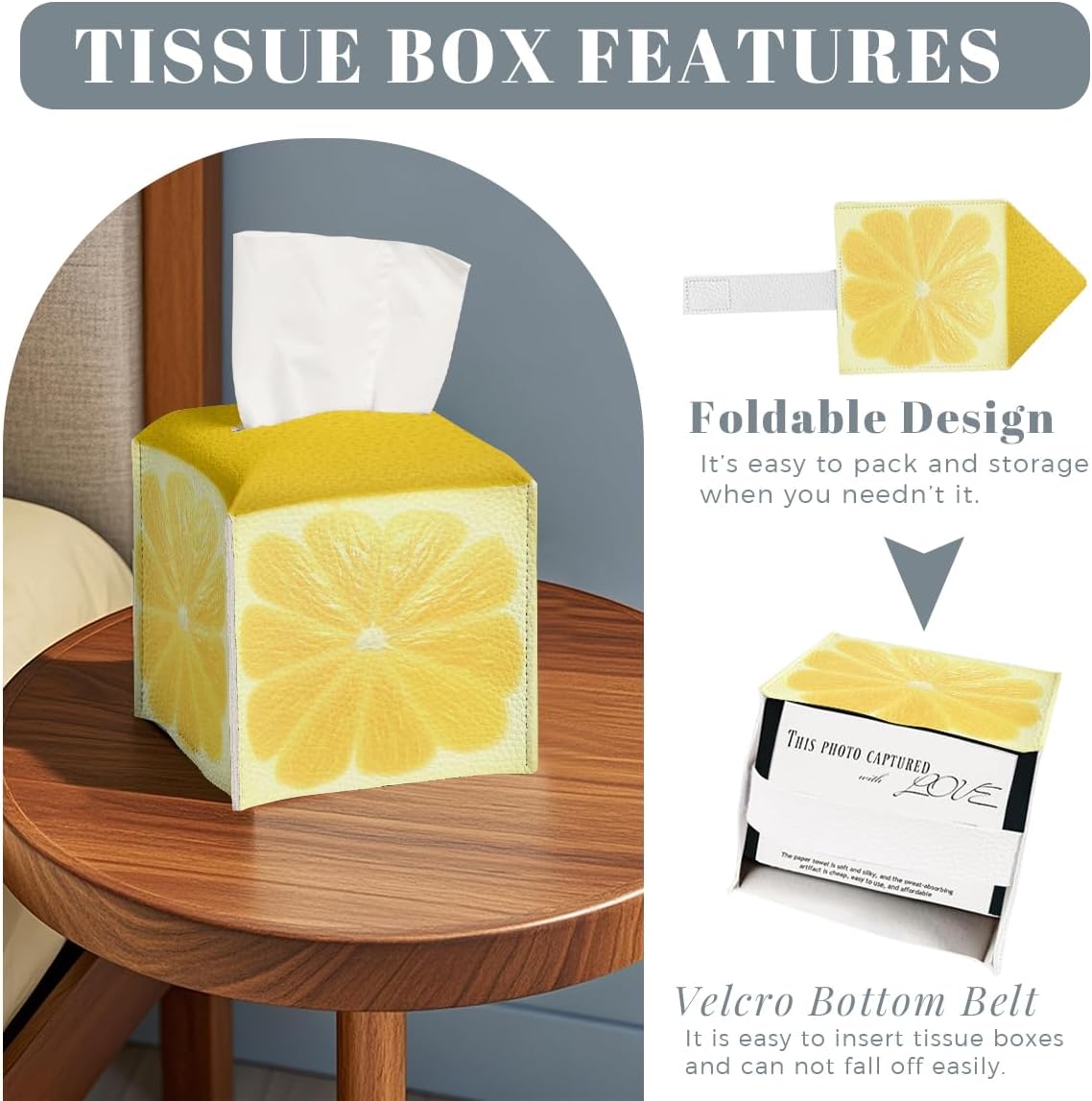 Cute Fruit Tissue Box Cover Funny Yellow Lemon Leather Tissue Box Holder Square Facial Paper Organizer Dispenser for Bathroom Kitchen Bedroom Vanity Countertop Night Stands