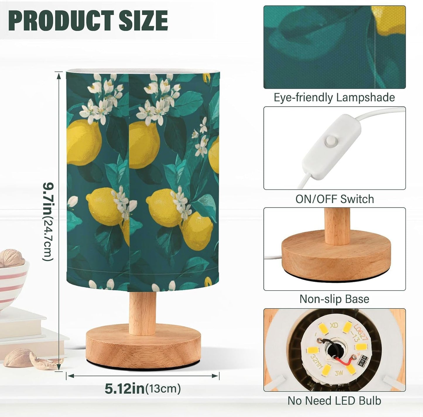 Bedside Table Lamp Lemon Yellow Citrus Fruits (97) Kids Nightstand Lamp Night Light Fabric Shade for Bedroom Living Room Home Office