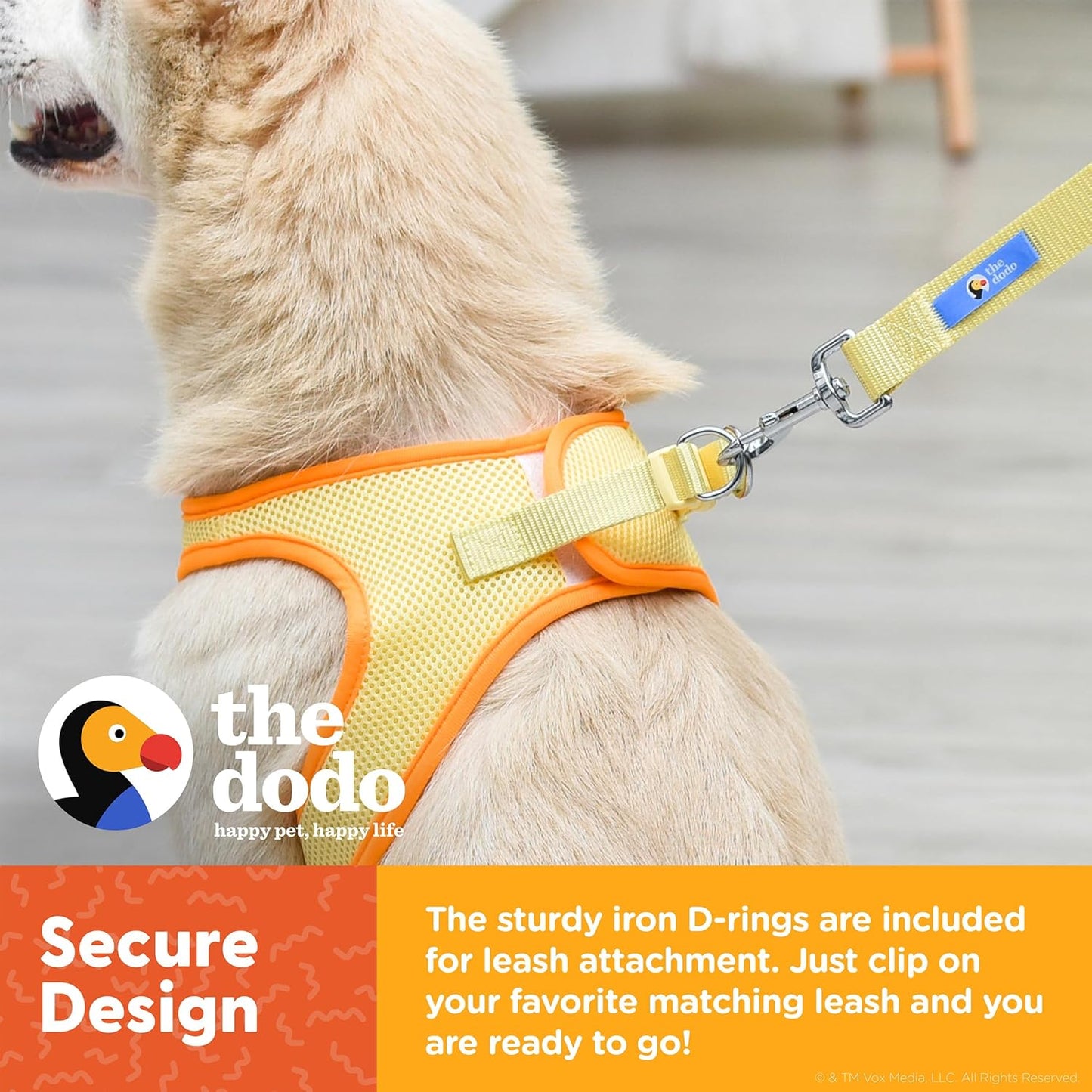 Yellow Dog Harness, Size Small; Easy Step-in Harness for Dogs; Breathable Mesh Fabric; Snap-Together, Pinch Release Buckle, Ring for Leash Attachment; Everyday Pet Apparel
