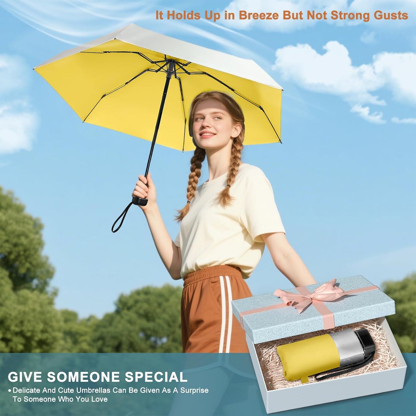Mini Umbrella For Purse - UPF 50+ UV Blocker Sun Protection Umbrella, Small Micro Travel Parasol Design for Women,Yellow | Titanium silver UV coating micro size, lightweight carry for purse/ pocket,summer travel, walking & outdoor