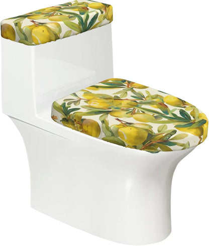 Yellow lemon Printed Toilet Seat Cover Set (2 Pieces) - With Tank Lid - Fits U-shaped or Extended Toilets - Perfect for Housewarming, Birthdays, and Gifts