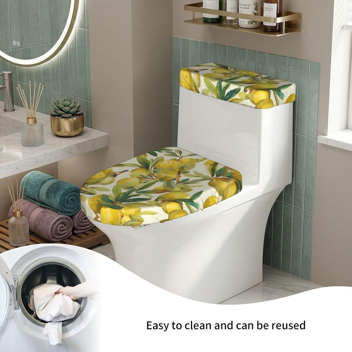 Yellow lemon Printed Toilet Seat Cover Set (2 Pieces) - With Tank Lid - Fits U-shaped or Extended Toilets - Perfect for Housewarming, Birthdays, and Gifts