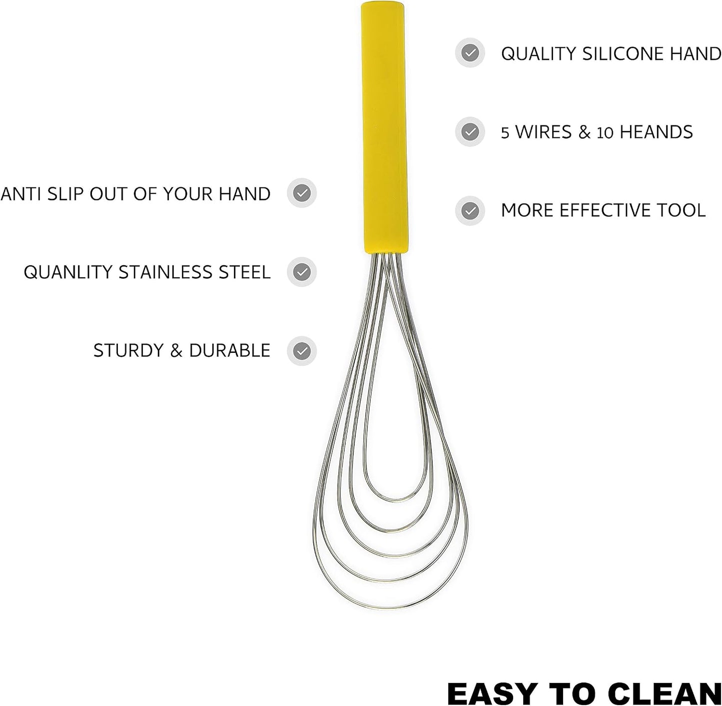 Flat Whisk Silicone Handle Non Slip 10" - 5 Wires Whisk with 10 Heads for Kitchen Cooking (Yellow)