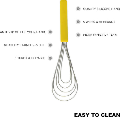 Flat Whisk Silicone Handle Non Slip 10" - 5 Wires Whisk with 10 Heads for Kitchen Cooking (Yellow)
