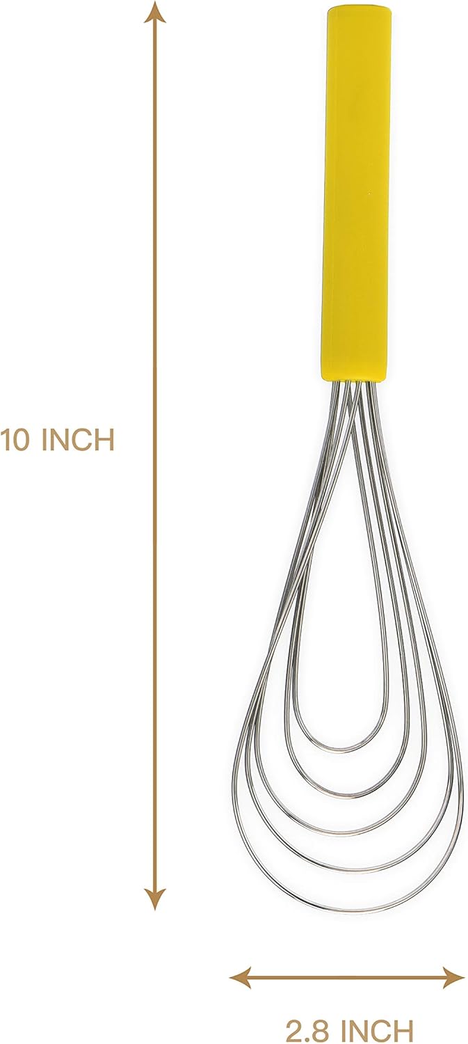 Flat Whisk Silicone Handle Non Slip 10" - 5 Wires Whisk with 10 Heads for Kitchen Cooking (Yellow)