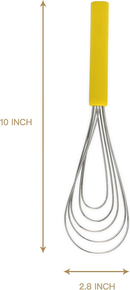 Flat Whisk Silicone Handle Non Slip 10" - 5 Wires Whisk with 10 Heads for Kitchen Cooking (Yellow)