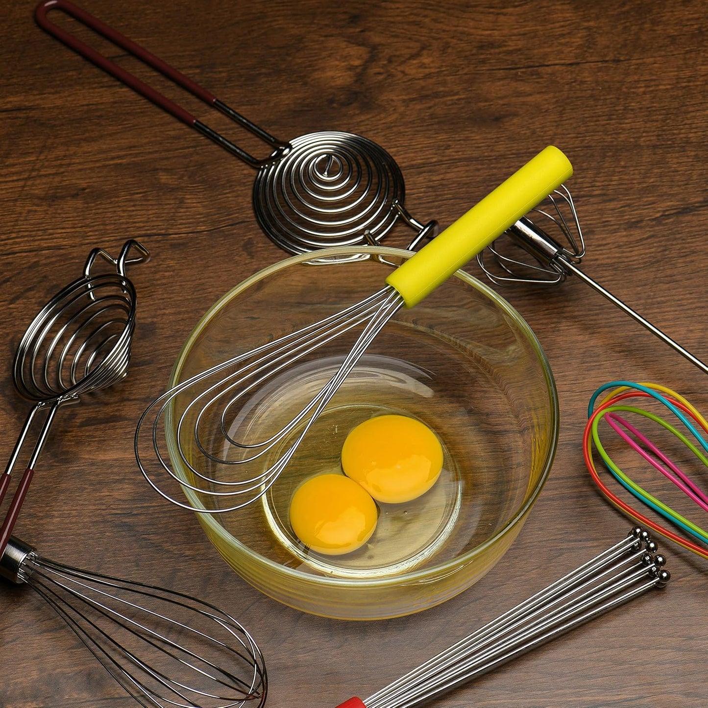 Flat Whisk Silicone Handle Non Slip 10" - 5 Wires Whisk with 10 Heads for Kitchen Cooking (Yellow)