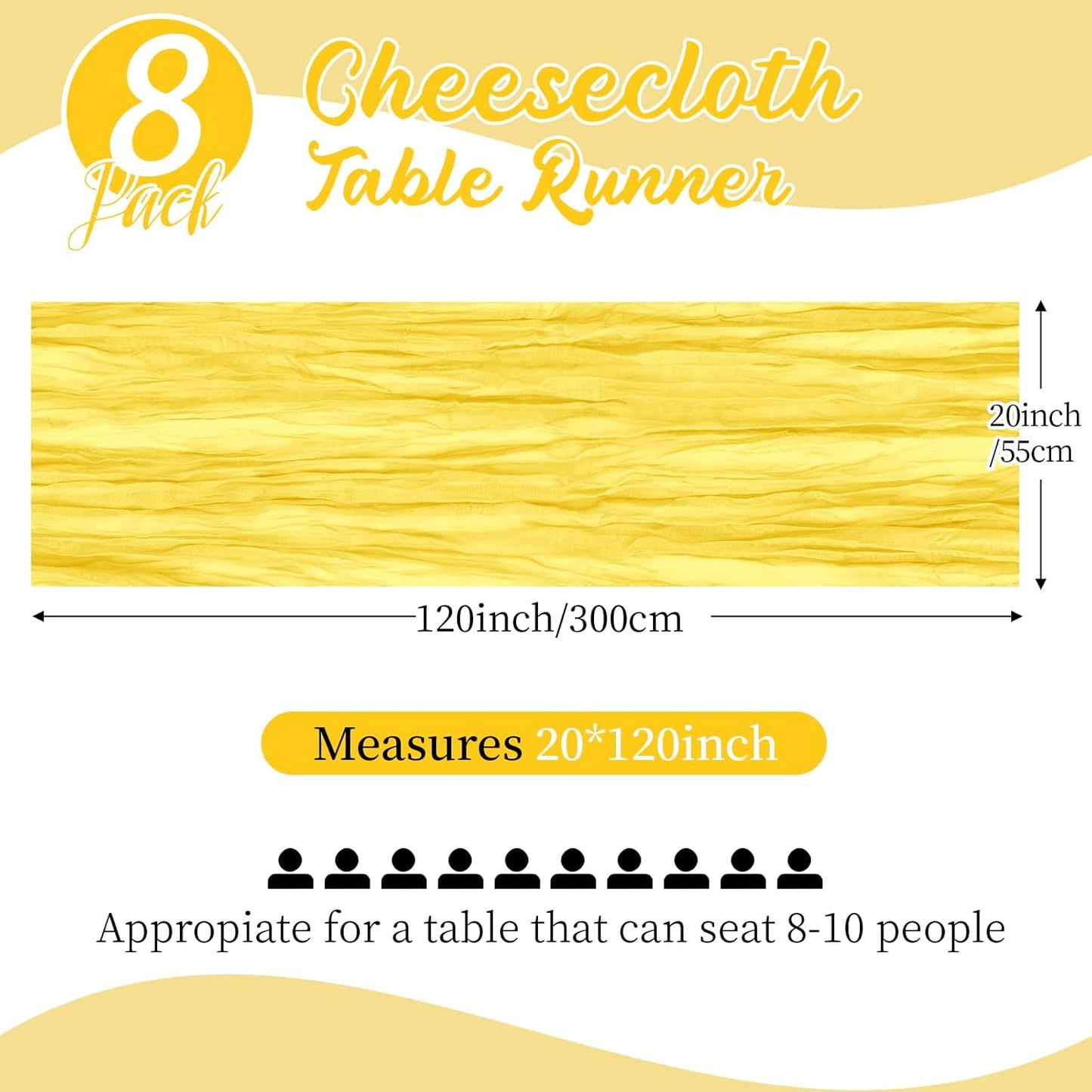 8 Pack Lemon Yellow Cheesecloth Table Runners 20x120 Inch Gauze Table Runner 10FT Easter Cheese Cloth Table Runner Rustic Sheer Runner for Wedding Baby Shower Birthday Party Table Decor