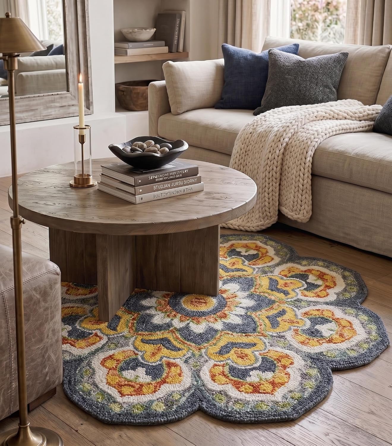 LR Home 4ft Scalloped Round Wool Area Rug – Handmade Modern Farmhouse Boho Rug for Living Room, Bedroom, Playroom, Entryway & Office, Gray/Yellow