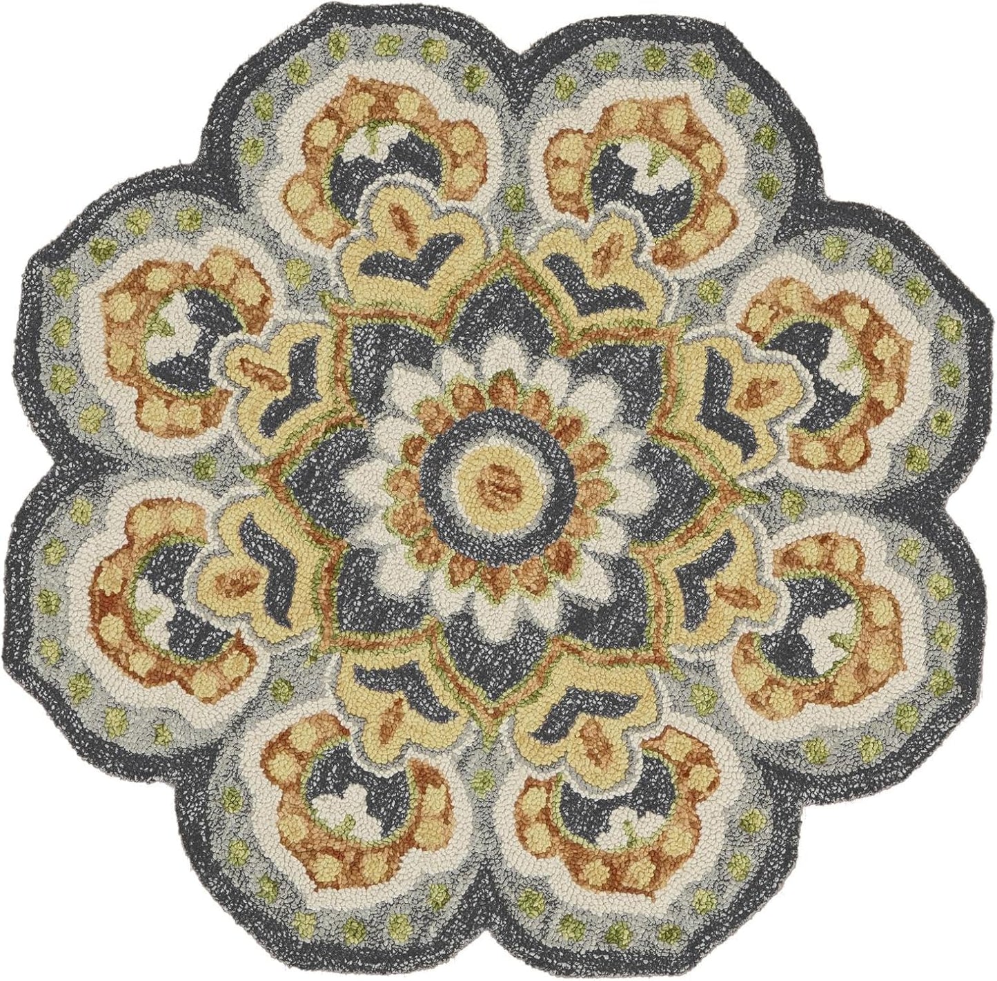 LR Home 4ft Scalloped Round Wool Area Rug – Handmade Modern Farmhouse Boho Rug for Living Room, Bedroom, Playroom, Entryway & Office, Gray/Yellow