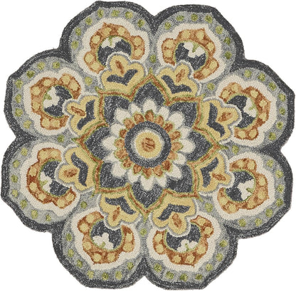 LR Home 4ft Scalloped Round Wool Area Rug – Handmade Modern Farmhouse Boho Rug for Living Room, Bedroom, Playroom, Entryway & Office, Gray/Yellow
