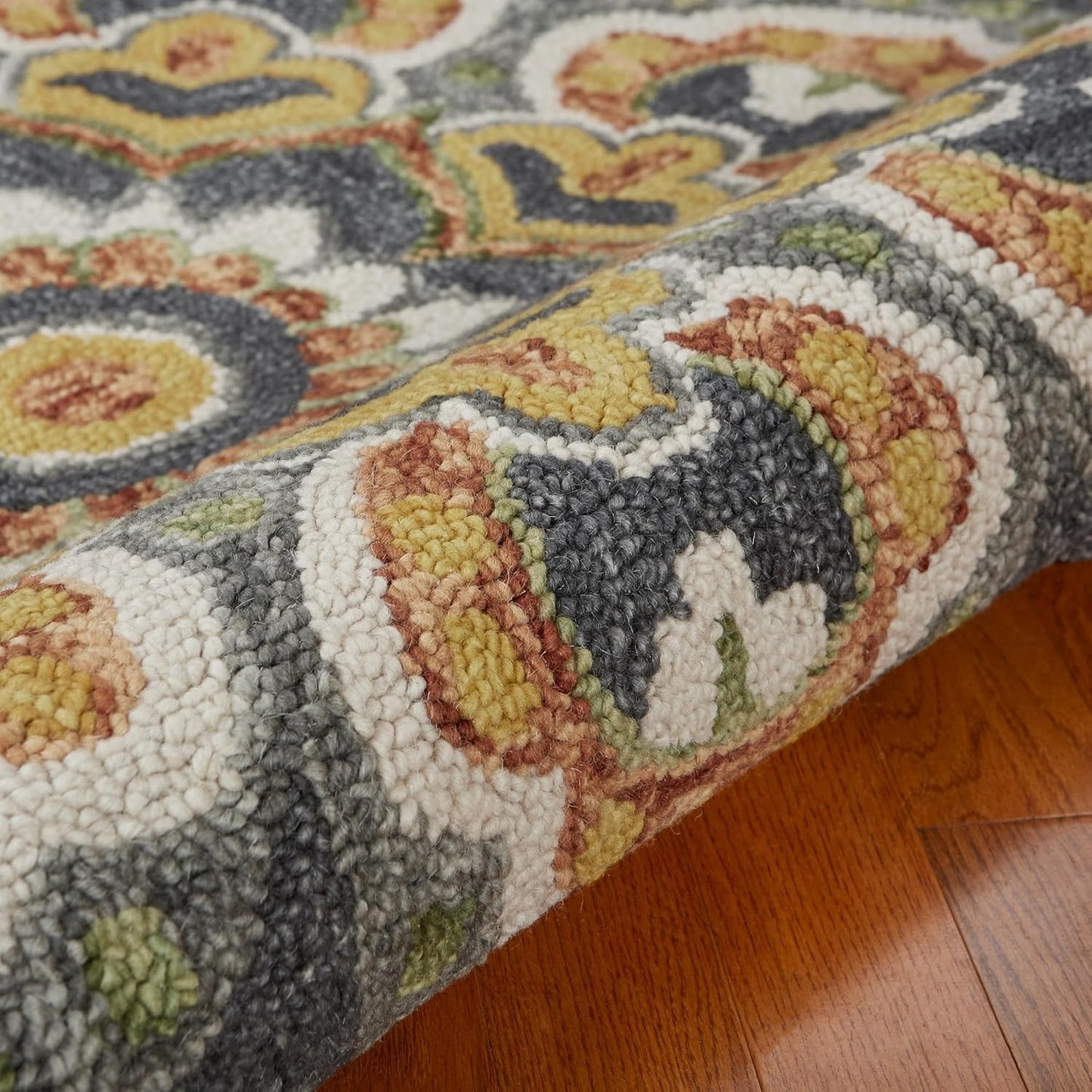 LR Home 4ft Scalloped Round Wool Area Rug – Handmade Modern Farmhouse Boho Rug for Living Room, Bedroom, Playroom, Entryway & Office, Gray/Yellow