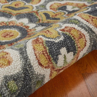 LR Home 4ft Scalloped Round Wool Area Rug – Handmade Modern Farmhouse Boho Rug for Living Room, Bedroom, Playroom, Entryway & Office, Gray/Yellow
