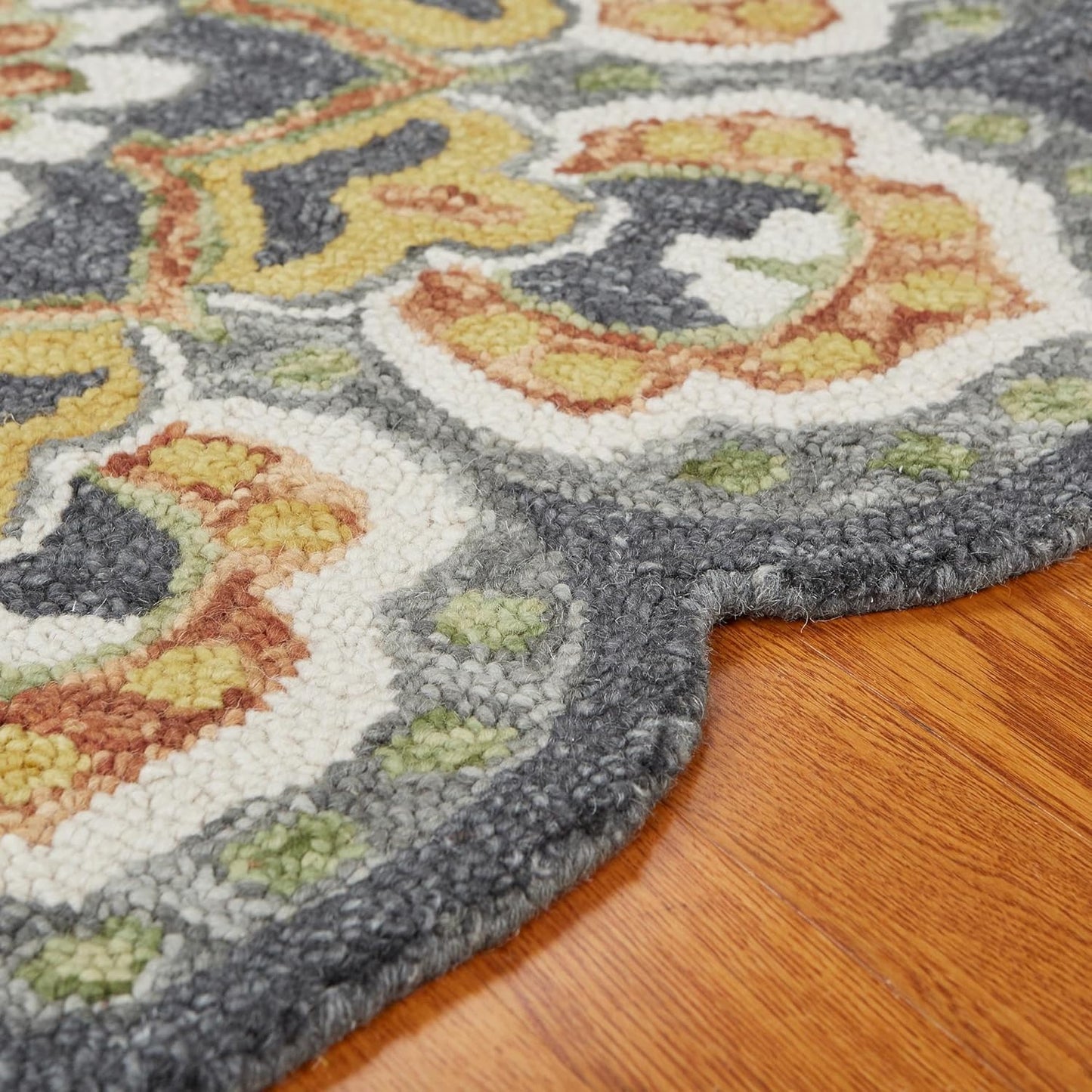 LR Home 4ft Scalloped Round Wool Area Rug – Handmade Modern Farmhouse Boho Rug for Living Room, Bedroom, Playroom, Entryway & Office, Gray/Yellow