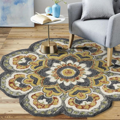 LR Home 4ft Scalloped Round Wool Area Rug – Handmade Modern Farmhouse Boho Rug for Living Room, Bedroom, Playroom, Entryway & Office, Gray/Yellow