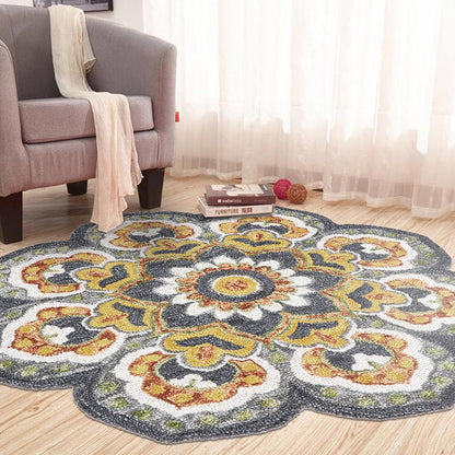 LR Home 4ft Scalloped Round Wool Area Rug – Handmade Modern Farmhouse Boho Rug for Living Room, Bedroom, Playroom, Entryway & Office, Gray/Yellow