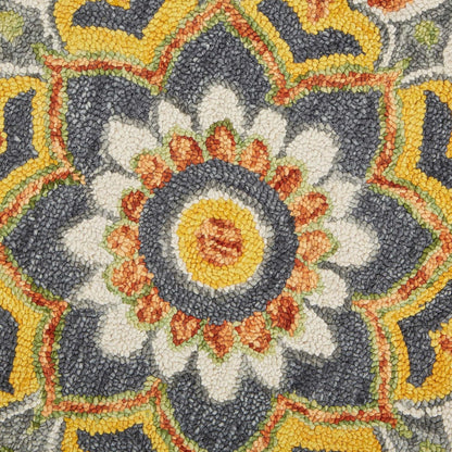 LR Home 4ft Scalloped Round Wool Area Rug – Handmade Modern Farmhouse Boho Rug for Living Room, Bedroom, Playroom, Entryway & Office, Gray/Yellow