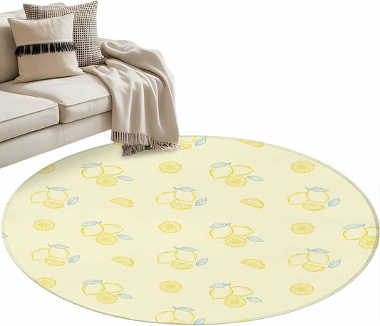 Cartoon Lemons Round Area Rugs 3 ft, Summer Fruit Leaf Pastoral Plant Light Yellow Washable Small Area Rug with Non-Slip Sturdy Edge Binding Round Front Door Mat Floor Carpet for Entryway