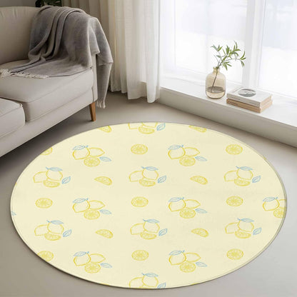 Cartoon Lemons Round Area Rugs 3 ft, Summer Fruit Leaf Pastoral Plant Light Yellow Washable Small Area Rug with Non-Slip Sturdy Edge Binding Round Front Door Mat Floor Carpet for Entryway