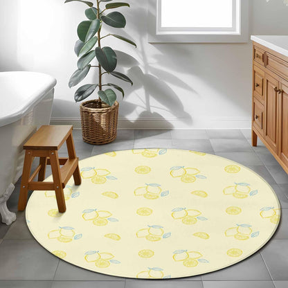 Cartoon Lemons Round Area Rugs 3 ft, Summer Fruit Leaf Pastoral Plant Light Yellow Washable Small Area Rug with Non-Slip Sturdy Edge Binding Round Front Door Mat Floor Carpet for Entryway