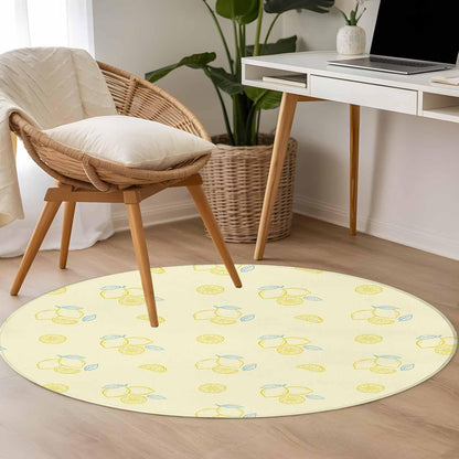 Cartoon Lemons Round Area Rugs 3 ft, Summer Fruit Leaf Pastoral Plant Light Yellow Washable Small Area Rug with Non-Slip Sturdy Edge Binding Round Front Door Mat Floor Carpet for Entryway