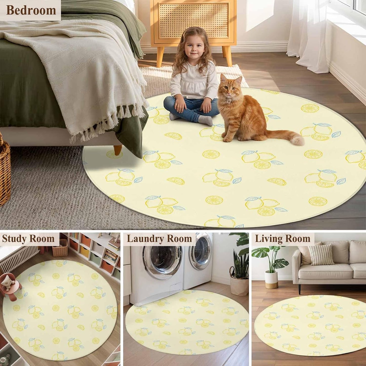 Cartoon Lemons Round Area Rugs 3 ft, Summer Fruit Leaf Pastoral Plant Light Yellow Washable Small Area Rug with Non-Slip Sturdy Edge Binding Round Front Door Mat Floor Carpet for Entryway