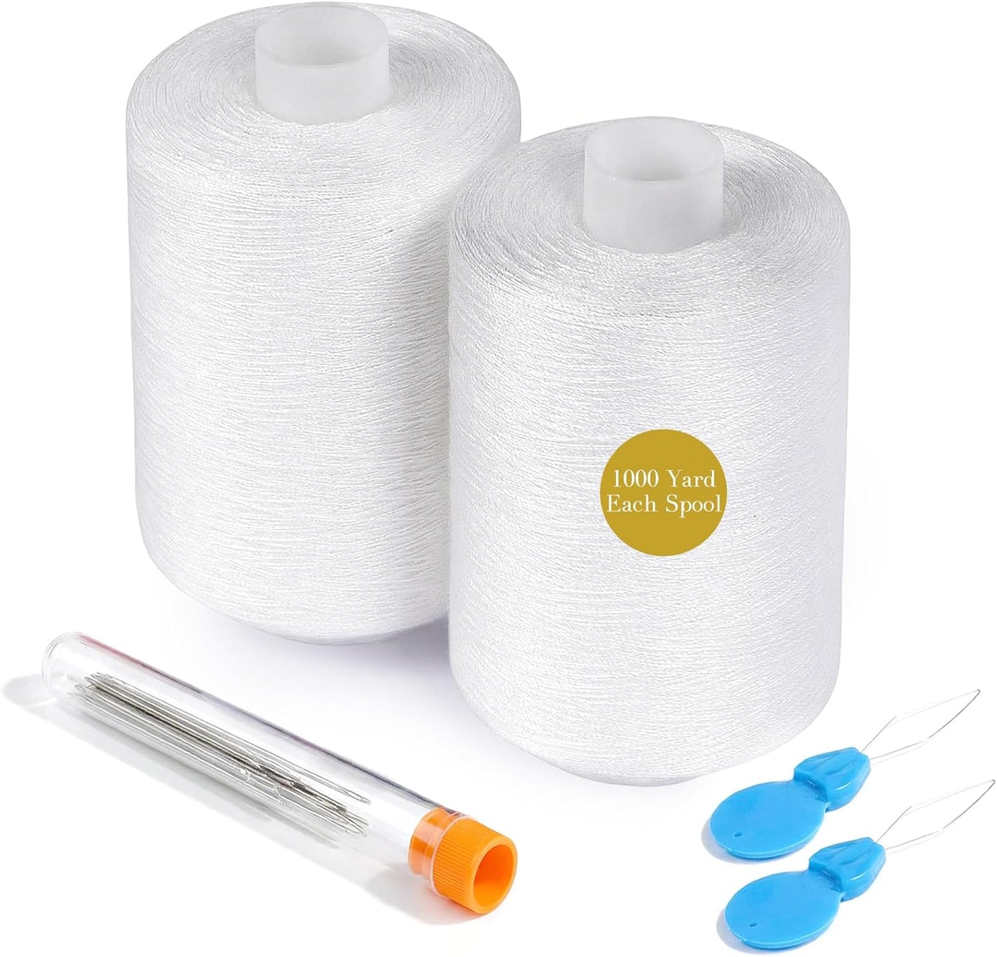 ilauke 2pcs White Thread for Sewing- 1000 Yard Each Spool | All Purpose 40S/2 Polyester Thread for Hand Quilting, Sewing Machine, Hand Stitching&Embroidery