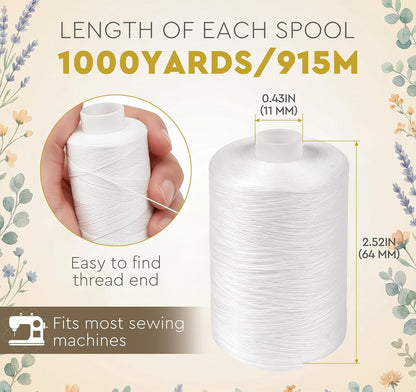 ilauke 2pcs White Thread for Sewing- 1000 Yard Each Spool | All Purpose 40S/2 Polyester Thread for Hand Quilting, Sewing Machine, Hand Stitching&Embroidery