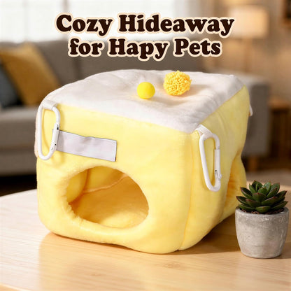 Hamster Cave Bed and Tunnel, Hangable Polyester Small Animal Hideout, Breathable Pet Guinea Pig House Yellow, White Plush Habitat for Chinchilla, Ferrets, Gerbil