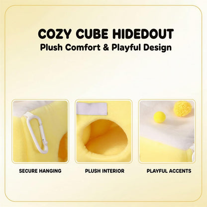 Hamster Cave Bed and Tunnel, Hangable Polyester Small Animal Hideout, Breathable Pet Guinea Pig House Yellow, White Plush Habitat for Chinchilla, Ferrets, Gerbil