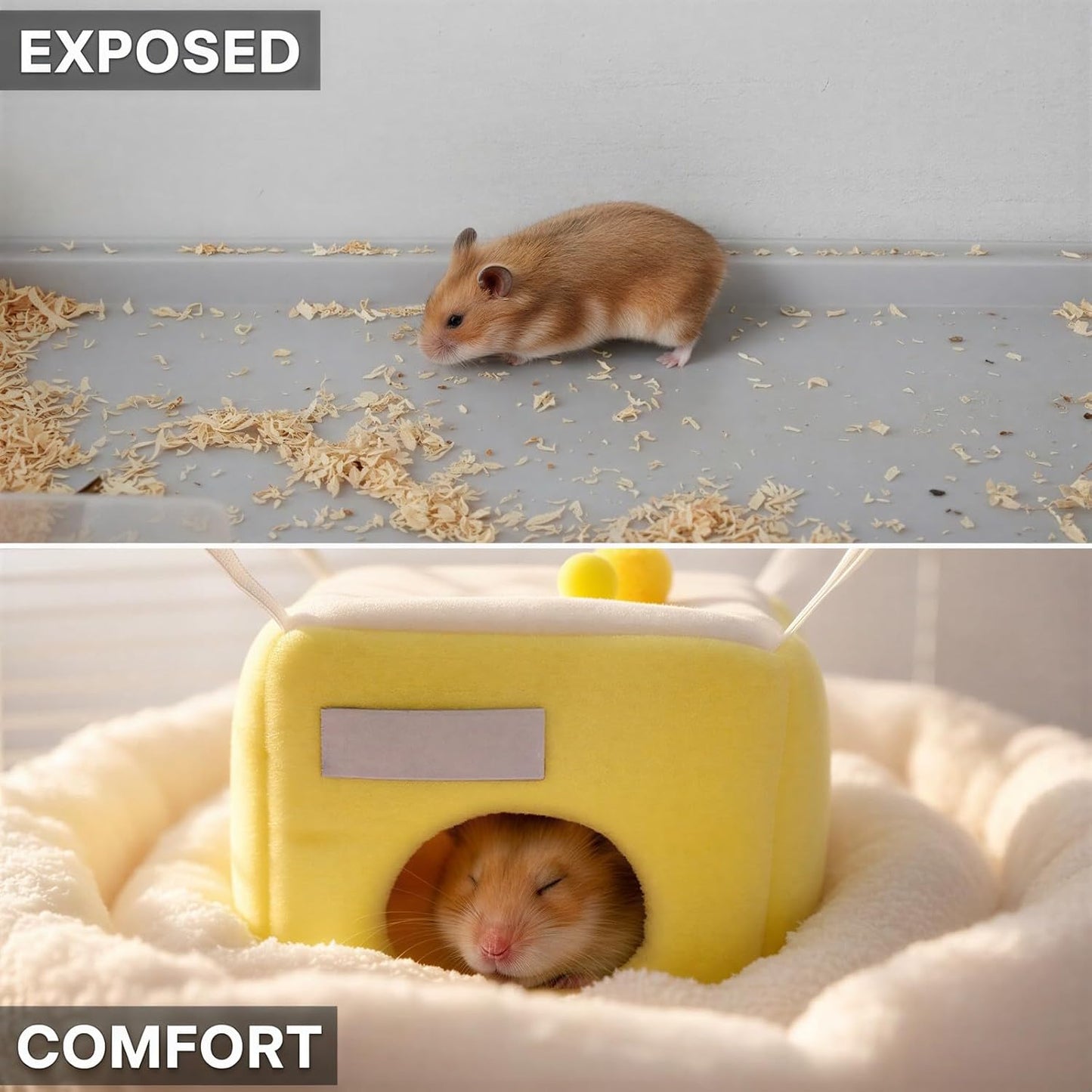 Hamster Cave Bed and Tunnel, Hangable Polyester Small Animal Hideout, Breathable Pet Guinea Pig House Yellow, White Plush Habitat for Chinchilla, Ferrets, Gerbil
