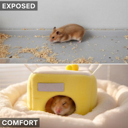 Hamster Cave Bed and Tunnel, Hangable Polyester Small Animal Hideout, Breathable Pet Guinea Pig House Yellow, White Plush Habitat for Chinchilla, Ferrets, Gerbil