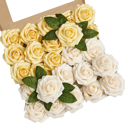 Artificial Flowers, 25pcs Creamy Yellow and Ivory Rose for Wedding | Foam Fake Flowers with Stem for DIY Bouquets Arrangements Centerpieces Bridal Shower Party Home Decorations
